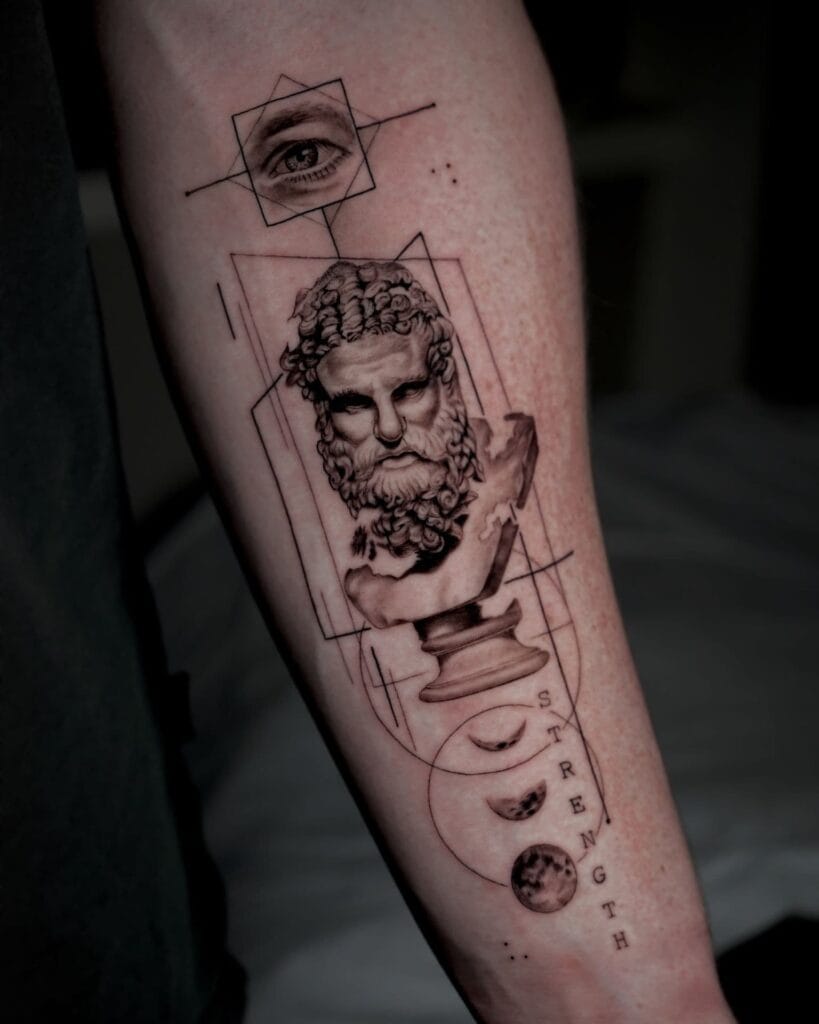 Tattoo design featuring a man's head and face, showcasing intricate details and artistic expression.