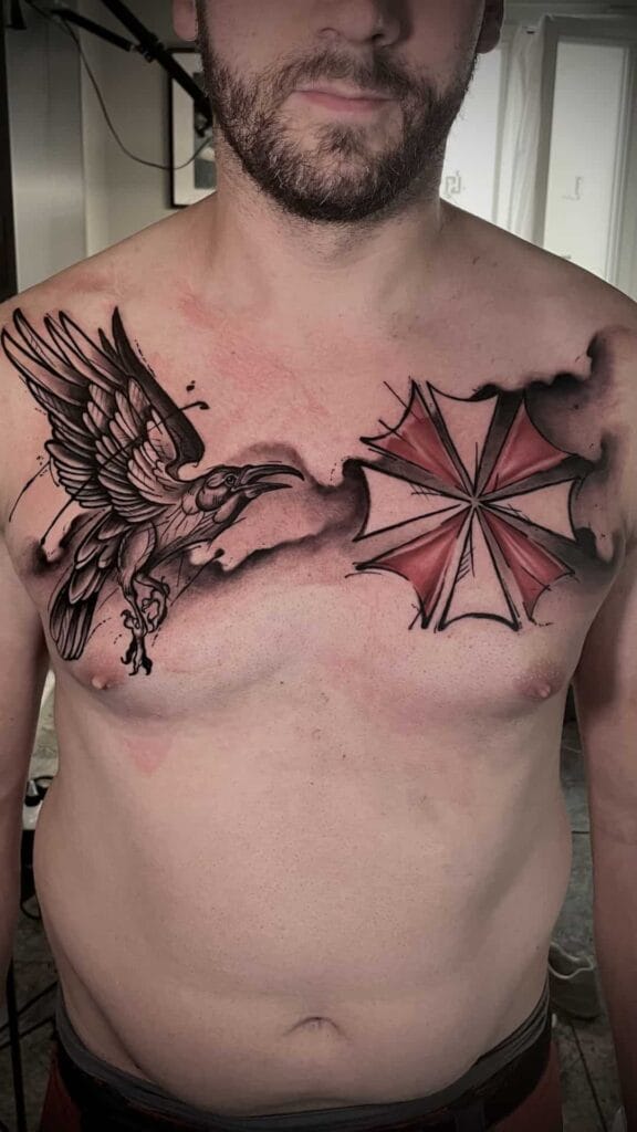 A man shows off his tattoo of a crow perched on an umbrella, blending dark imagery with a touch of whimsy.