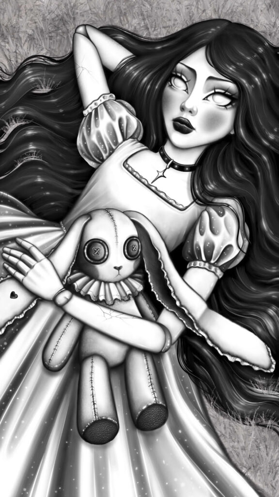 A dark fairy tale style illustration by Achlys, depicting a woman in a vintage dress holding a button-eyed rabbit doll, a key piece of her artistic portfolio.