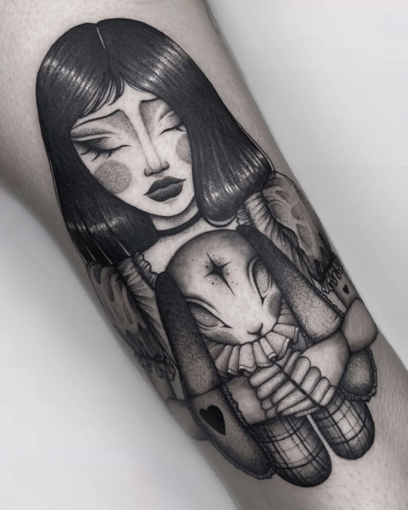 Tattoo design sketches by Achlys, showing a whimsical hanging doll on the left and a gothic architectural piece with a bat on the right, demonstrating her dark fantasy and illustrative style.